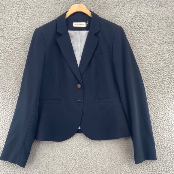 Calvin Klein Blazer Womens 12 Navy Button Up Stretch Notch Lapel Office Career - Picture 1 of 9